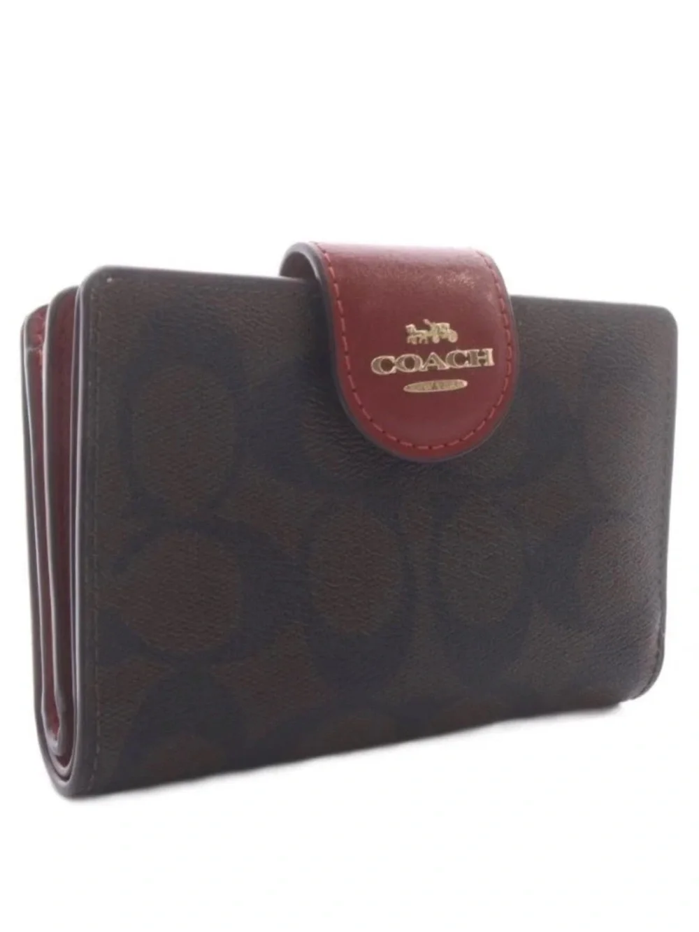 Coach Wallet Bi-Fold Signature canvas Leather L-Zip Brown Red C0082 - like New